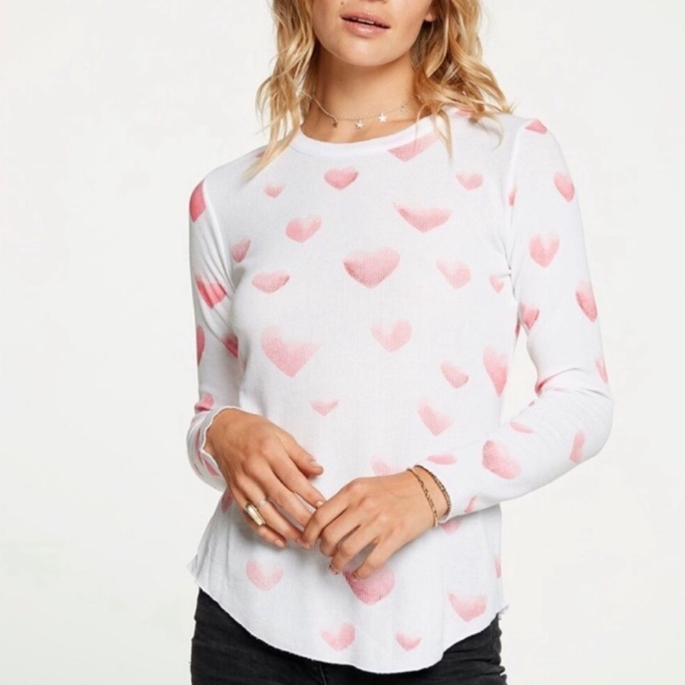 Chaser White Pink Ombré Hearts Thermal Knit Crew Neck Long Sleeve Shirt Sz S NWT